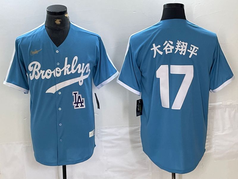 Men Los Angeles Dodgers #17 Ohtani Light blue Throwback 2024 Nike MLB Jersey style 3